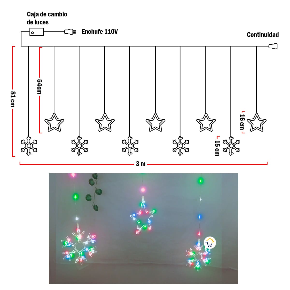 Luces Led Estrellas y Copos 260 Luces 3m Navidad Multicolor 1628M